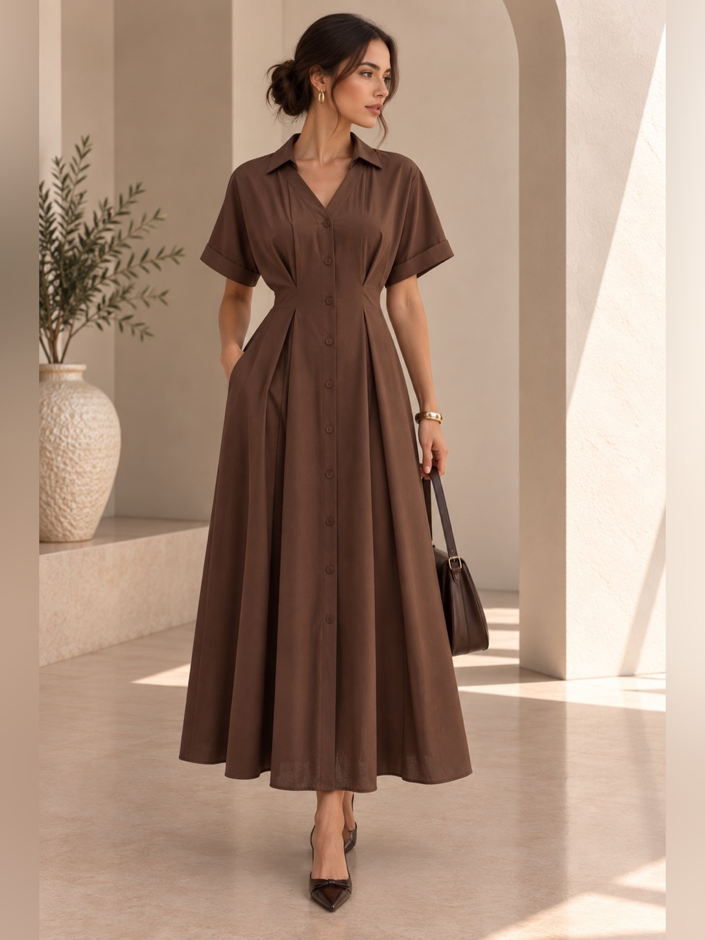 NWT Commense Pleated Button-Front Shirt Dress in Brown, size XS / US 2.